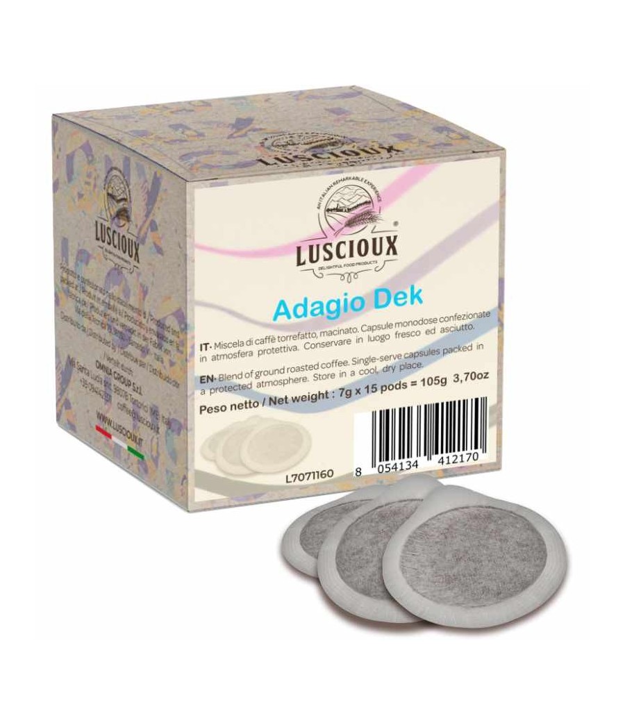 Luscioux Adagio Dek ESE 44 Cápsulas de Café | Aroma persistente descafeinado