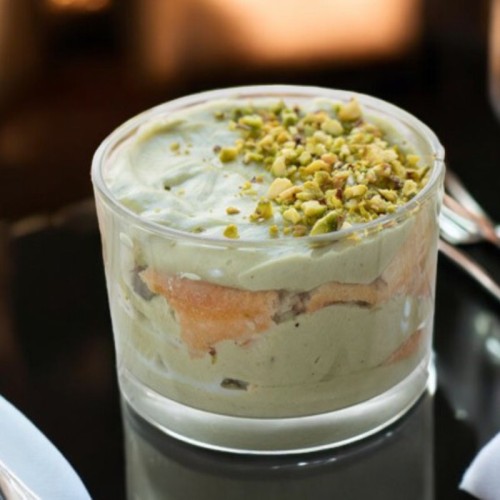 Pistachio tiramisu decorated with granules