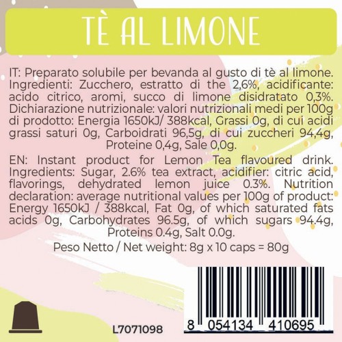 Luscioux Nespresso®* Comp. Caps THE AL LIMONE Painel de informações nutricionais