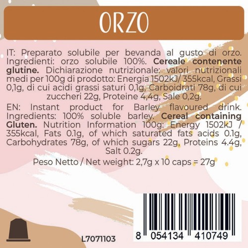 Luscioux Nespresso®* Comp. Caps ORZO Pannello informativo nutrizionale