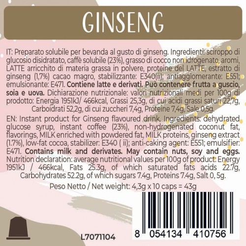 Luscioux Nespresso®* Comp. Gélules GINSENG Panneau d'informations nutritionnelles