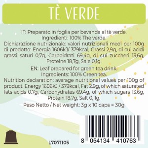 Luscioux Nespresso®* Comp. Caps THE VERDE Painel de informação nutricional