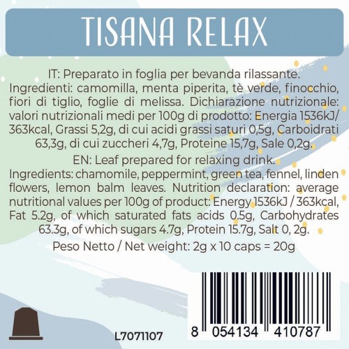 Luscioux Nespresso®* Comp. Caps  TISANA RELAX Nutritional information panel
