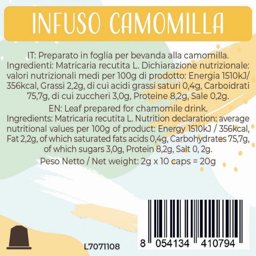 Luscioux Nespresso®* Comp. Caps CAMOMILLA Pannello informativo nutrizionale