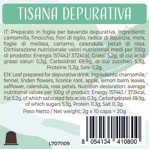 Luscioux Nespresso®* Comp. Caps  DEPURATIVA Nutritional information panel