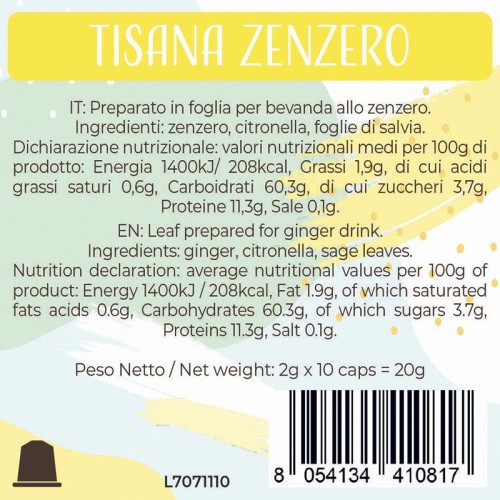 Luscioux Nespresso®* Comp. Caps ZENZERO Painel de informações nutricionais