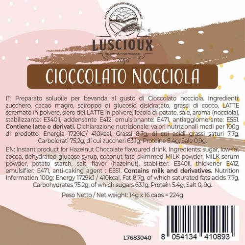 Luscioux DG®* Comp. Caps CIOCCOLATO NOCCIOLA NEUTRO Painel de informações nutricionais