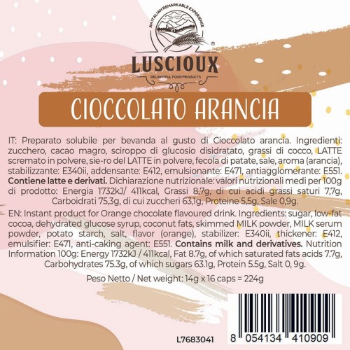 Luscioux DG®* Comp. Caps CIOCCOLATO ARANCIA NEUTRO Painel de informações nutricionais