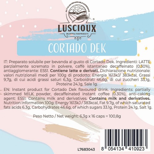 Luscioux DG®* Comp. Caps CORTADO DEK NEUTRO Pannello informativo nutrizionale