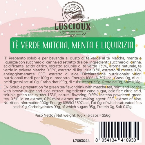 Luscioux DG®* Comp. Tapones TE VERDE MATCHA/MENTA/LIQUIRIZIA Panel de información nutricional