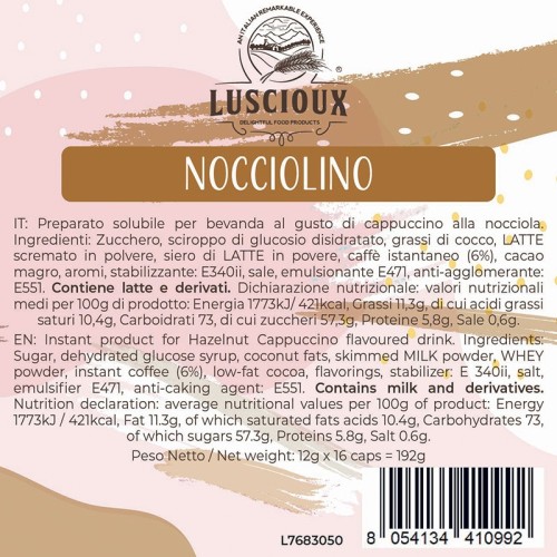 Luscioux DG®* Comp. Tapas NOCCIOLINO Panel de información nutricional