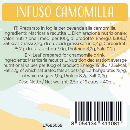 Luscioux DG®* Comp. Tapas DG CAMOMILLA NEUTRO Panel de información nutricional