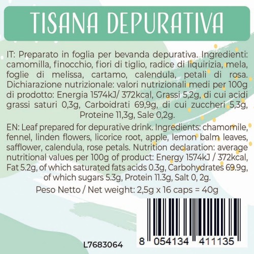 Luscioux DG®* Comp. Tapas TISANA DEPURATIVA Panel de información nutricional