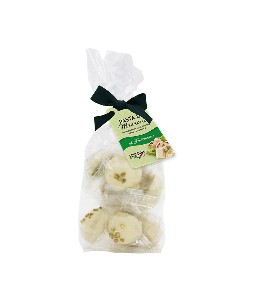 Luscioux Almond paste covered with Chocolate in a bag with bow of 150 g Pistachio covered with white chocolate