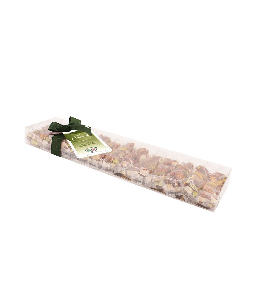 Luscioux Stukjes knapperig in Crystal Pack 200 g met pistache strik en Siciliaanse amandel