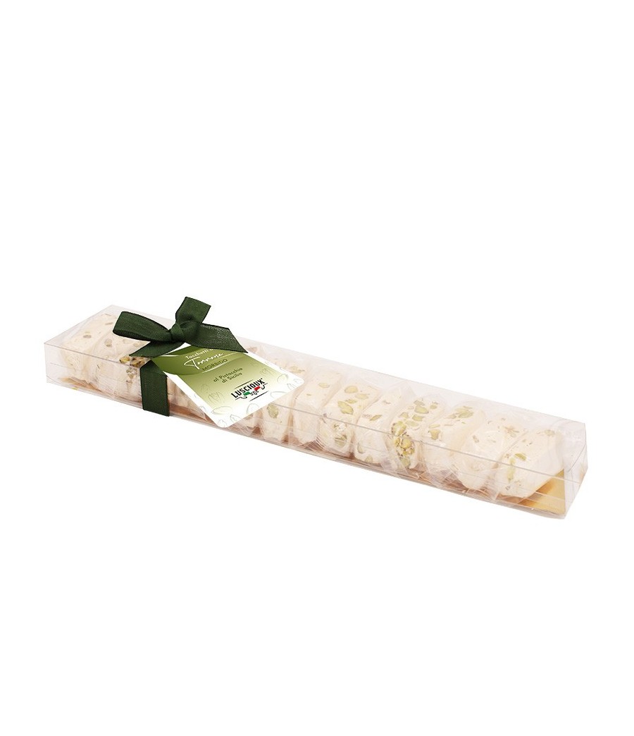 Luscioux Bitar av mjuk nougat i Crystal Pack 200 g med siciliansk pistaschbåge