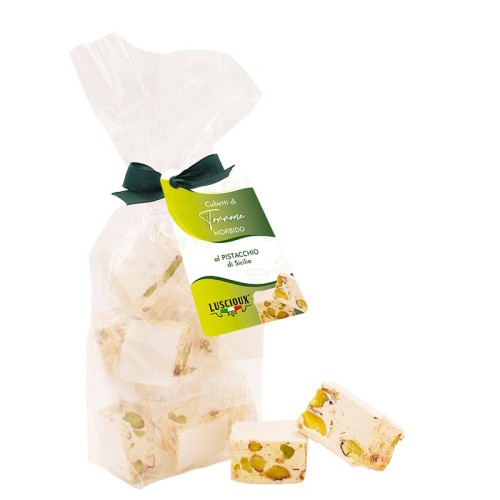 Luscioux Soft Nougat Cubes en enveloppe avec nœud de pistache sicilienne