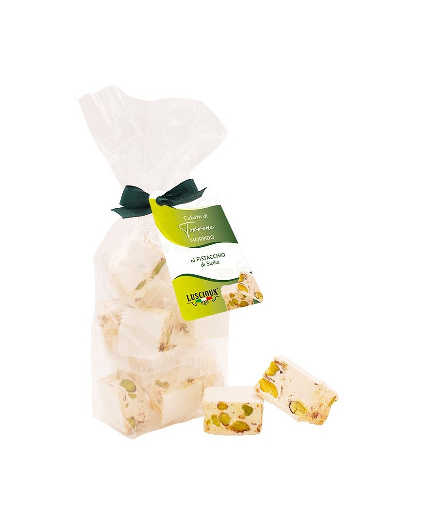 Luscioux Soft Nougat Cubes em envelope com arco de pistache siciliano