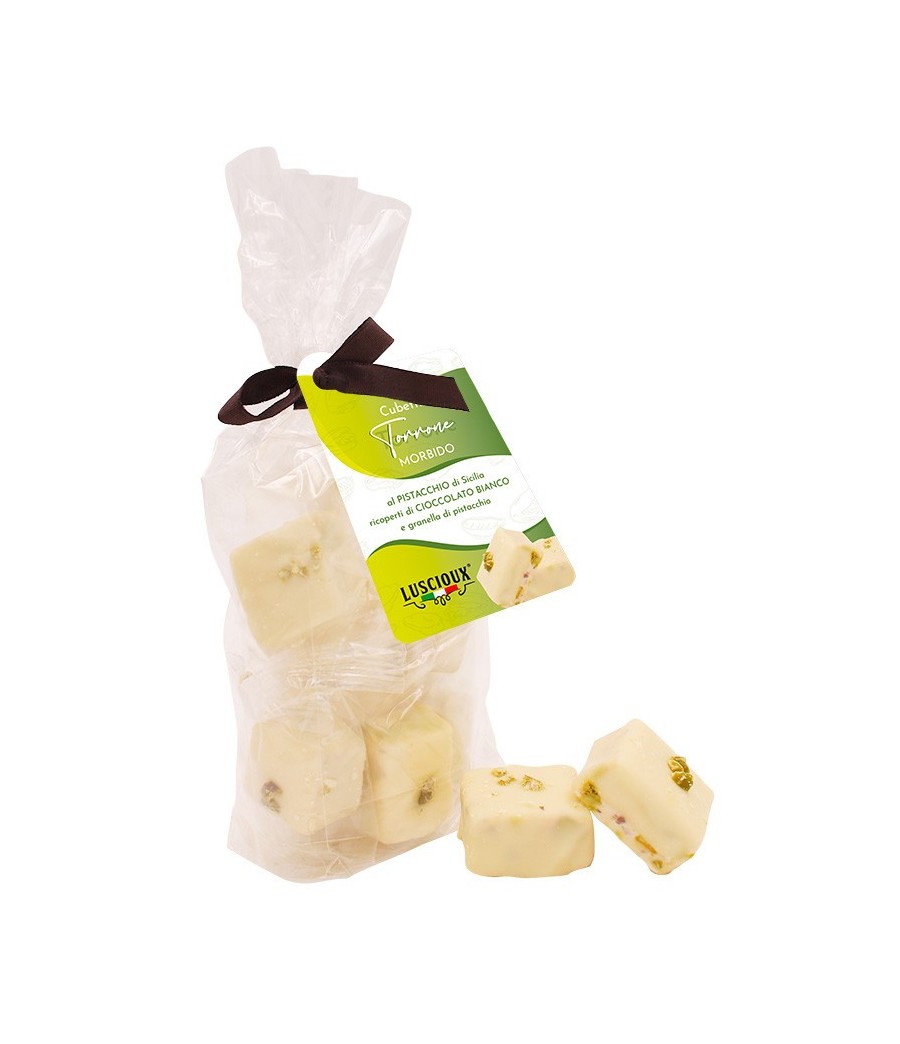 Luscioux Cubes de nougat moelleux recouverts de chocolat et hachés dans un sac avec nœud 100 g