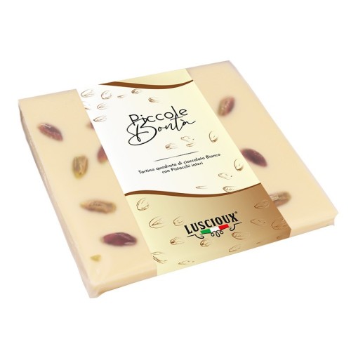 Pastel de Chocolate Blanco Cuadrado Luscioux con Pistachos Sicilianos Enteros 100g
