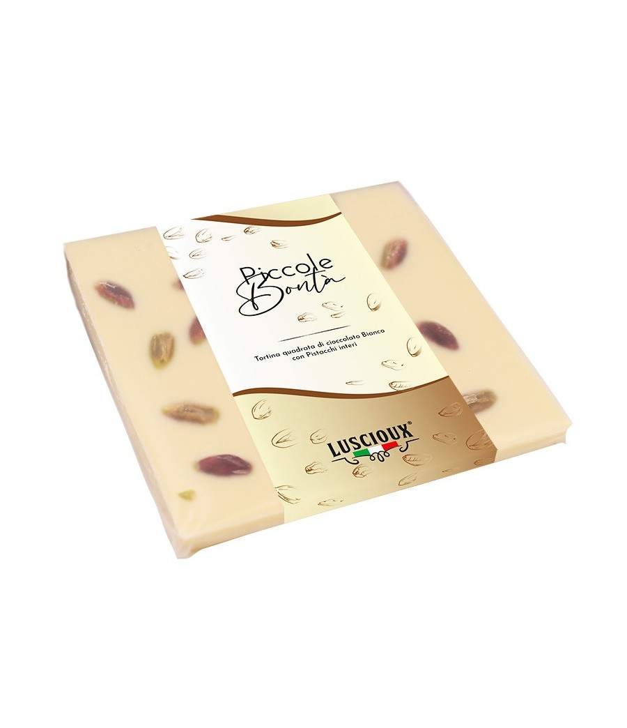 Pastel de Chocolate Blanco Cuadrado Luscioux con Pistachos Sicilianos Enteros 100g