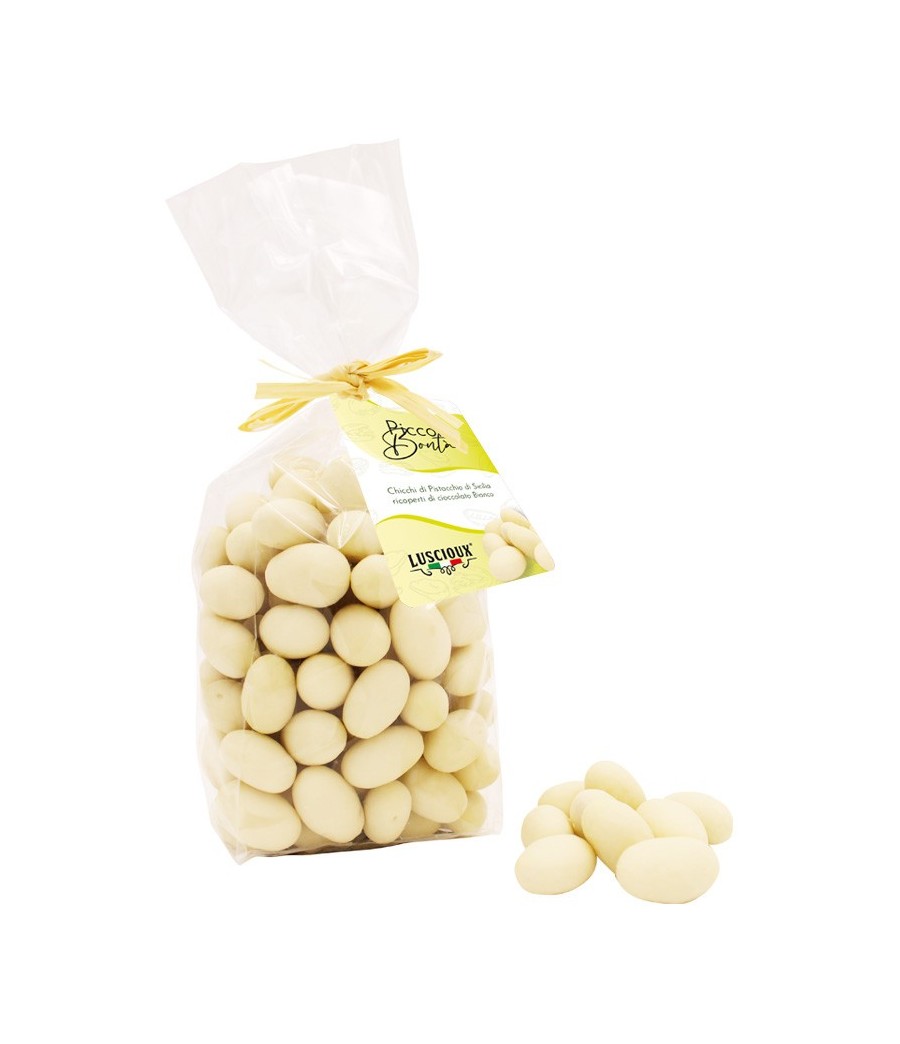 Luscioux pistachos sicilianos cubiertos con chocolate blanco 200g