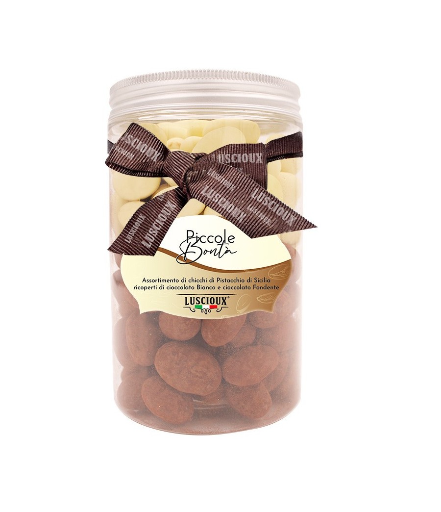 Luscioux Assortimento chicchi di Pistacchio e cioccolato Bianco e Fondente