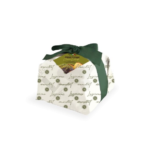 Luscioux Green Heart | Panettone filled with pistachio cream covered with extra dark chocolate and pistachios