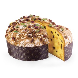 Luscioux Sweet Peach | Panettone z sycylijskimi pistacjami, brzoskwiniami i kroplami ciemnej czekolady 70%